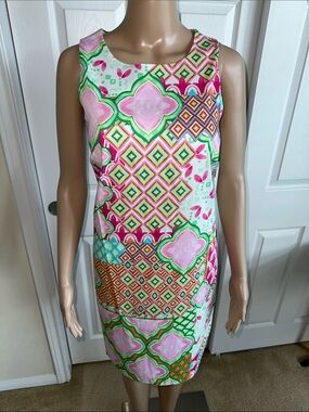 NEW London Times Pink, Green & White Geometric Floral Midi Dress Size 8